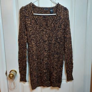 Moda International Brown Black Marled Cable Knit V Neck Sweater Minimalist Sz S